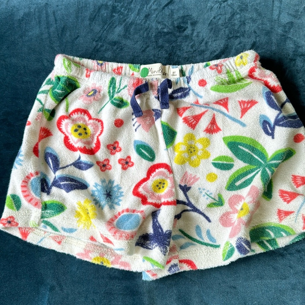 Mini Boden Girls Toweling Shorts Size 8Y White with colorful flowers